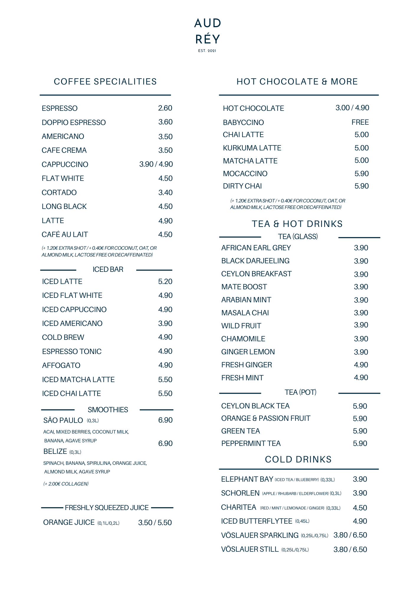 Audrey Coffee Menu